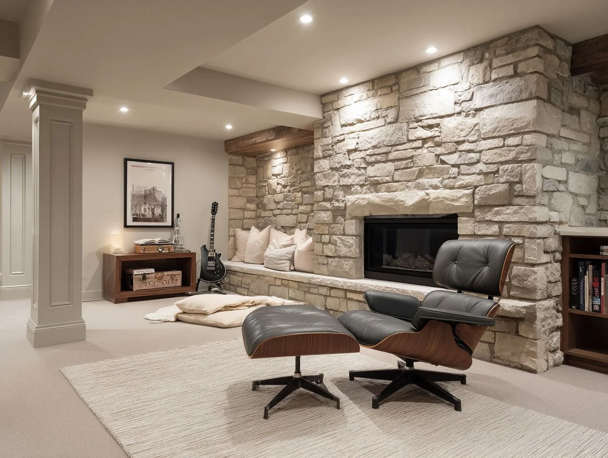 Finished basement living room with a natural stone fireplace and built-ins