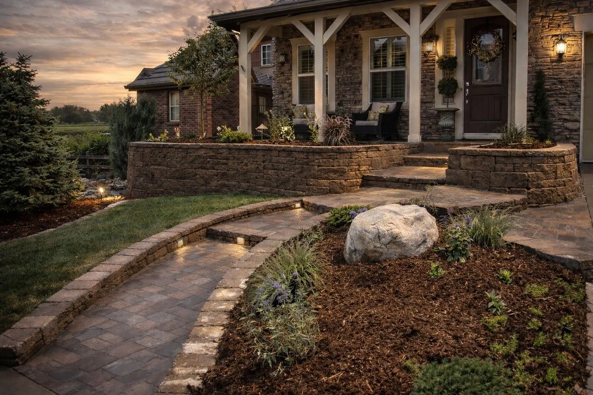 Landscaped Colorado front yard with a curved paver walk and natural stone