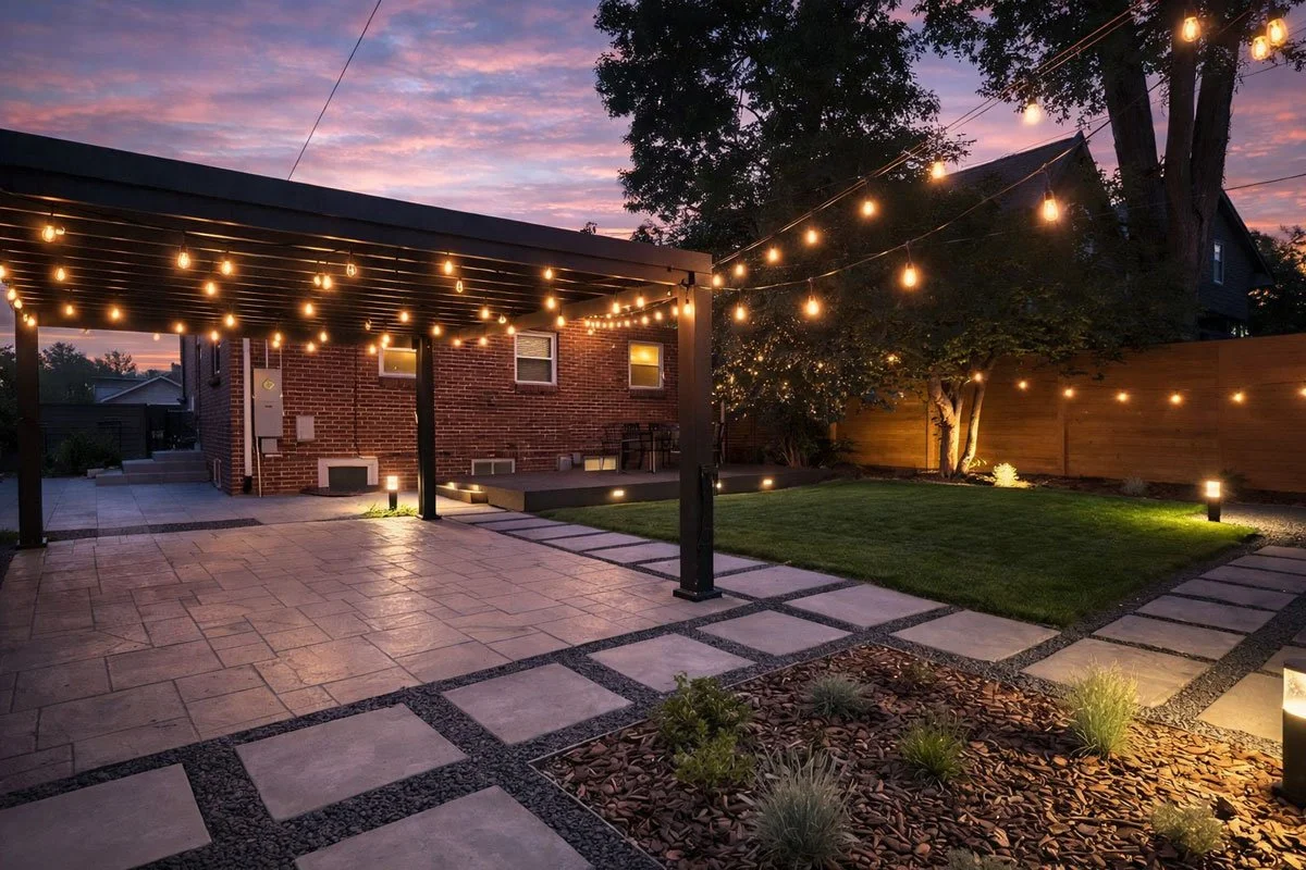 Finished backyard patio and pergola illuminated at sunset